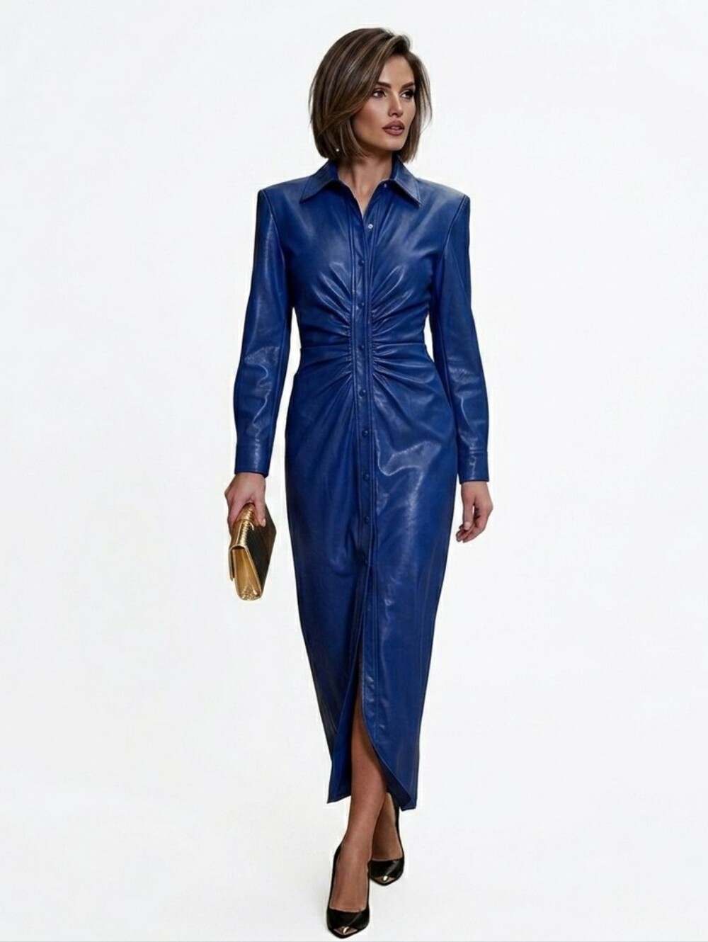 Zara Blue Faux Leather Midi Shirt Dress Size XS